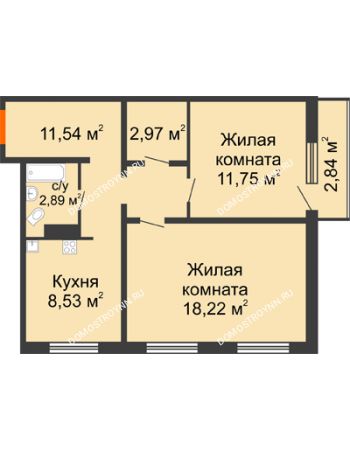 2 комнатная квартира 56,75 м² в ЖК Торпедо, дом № 19