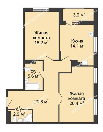2 комнатная квартира 83,95 м² в ЖК Сердце Нижнего, дом № 35