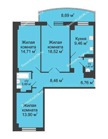 3 комнатная квартира 86,29 м² в ЖК Университетский 137, дом Секция С2
