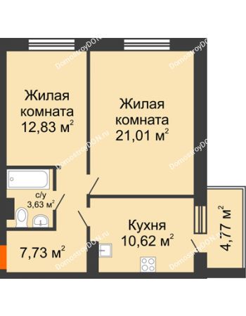 2 комнатная квартира 60,59 м² в ЖК Гвардейский 3.0, дом Секция 2