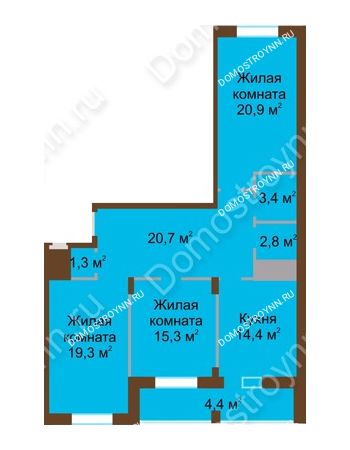 3 комнатная квартира 102,5 м² в ЖК Монолит, дом № 89, корп. 1, 2