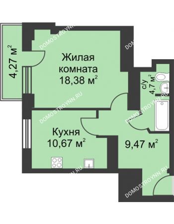 1 комнатная квартира 44,75 м² - ЖК На Ошарской