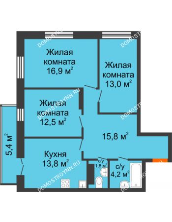 3 комнатная квартира 80 м² в ЖК Заречье, дом № 1, секция 1