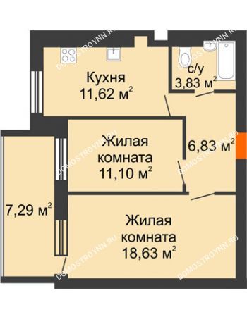 2 комнатная квартира 55,66 м² в ЖК Свобода, дом 1 очередь