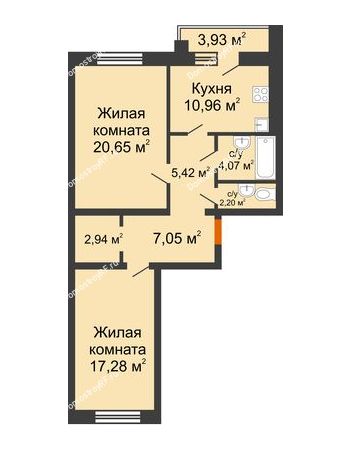 2 комнатная квартира 72,54 м² в ЖК Браер Парк Центр, дом № 5