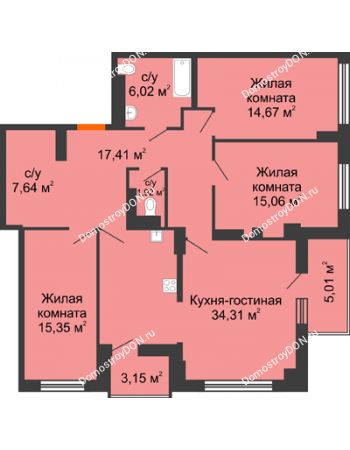 4 комнатная квартира 116,8 м² в ЖК Аврора, дом № 1