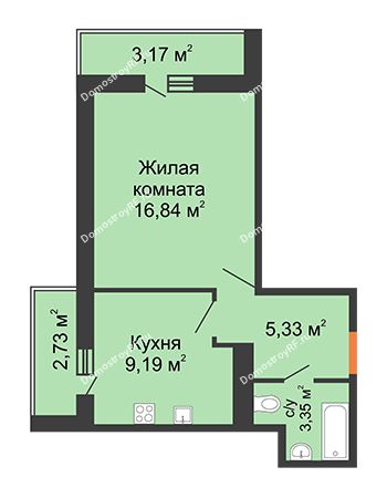 1 комнатная квартира 34,71 м² в ЖК Рекорд, дом № 90/2, блок 1,2