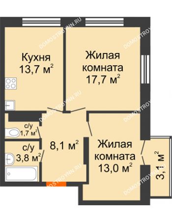 2 комнатная квартира 58,93 м² в ЖК Заречье, дом №1, секция 2