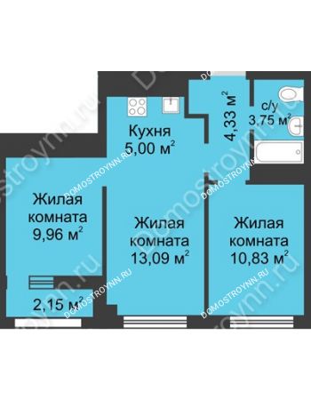 3 комнатная квартира 48,04 м² - ЖК Каскад на Сусловой