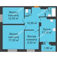 3 комнатная квартира 69,5 м² в ЖК Вересаево, дом Литер 12/1 - планировка