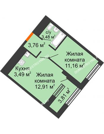 1 комнатная квартира 36,71 м² в ЖК Дом на Набережной, дом № 1