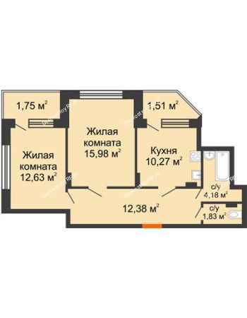 2 комнатная квартира 60,58 м² в ЖК Суворов-Сити, дом 1 очередь секция 6-13