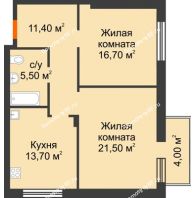 2 комнатная квартира 70 м², Жилой дом по ул. Им. Семашко - планировка