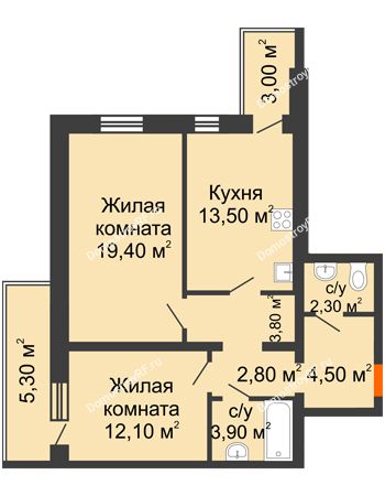 2 комнатная квартира 66,5 м² в ЖК Шестое чувство, дом 2 очередь 2 позиция