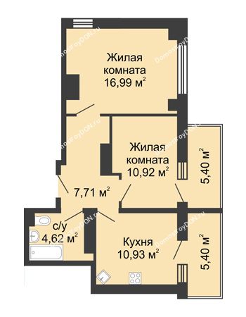 2 комнатная квартира 54,51 м² в ЖК Мега, дом № 116, секция 2