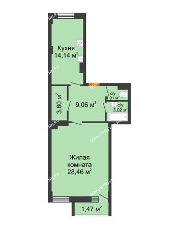 1 комнатная квартира 61,86 м² в ЖК Дом с террасами, дом № 6