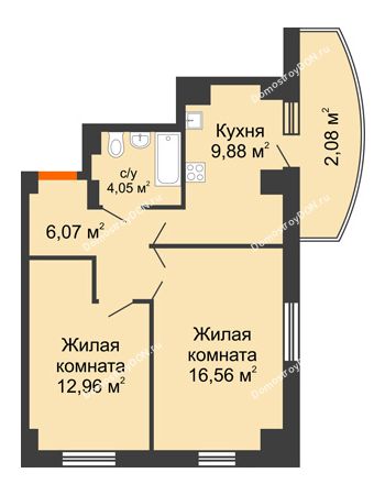 2 комнатная квартира 56,6 м² в ЖК Университетский 137, дом Секция С1