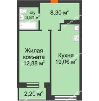 1 комнатная квартира 44,04 м², ЖК ГОРОДСКОЙ КВАРТАЛ UNO (УНО) - планировка