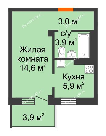 1 комнатная квартира 28,6 м² в ЖК Тихие зори, дом № 4, блок-секция 1,2,3,4