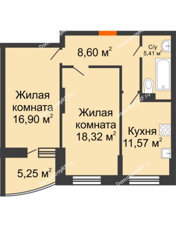 2 комнатная квартира 63,42 м² в ЖК Россинский парк, дом Литер 1