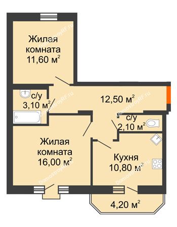 2 комнатная квартира 57,5 м² в ЖК Трамвай желаний, дом 5 этап (секция 9-10)