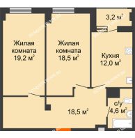 2 комнатная квартира 74,4 м² в ЖК Квартет, дом № 3 - планировка