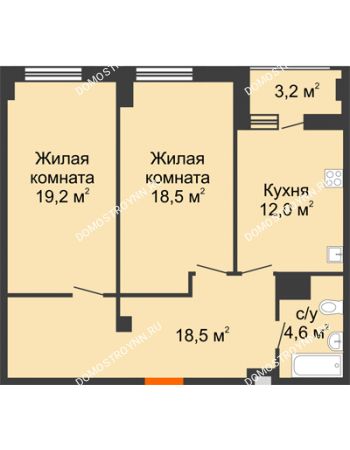 2 комнатная квартира 74,4 м² в ЖК Квартет, дом № 3