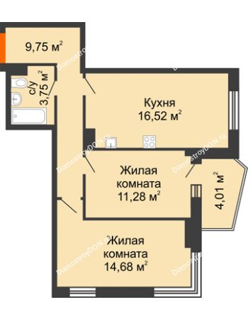2 комнатная квартира 58,24 м² в ЖК Сердце Ростова 2, дом Литер 2
