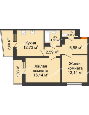 2 комнатная квартира 61,75 м² в ЖК Мой город, дом Литер 3