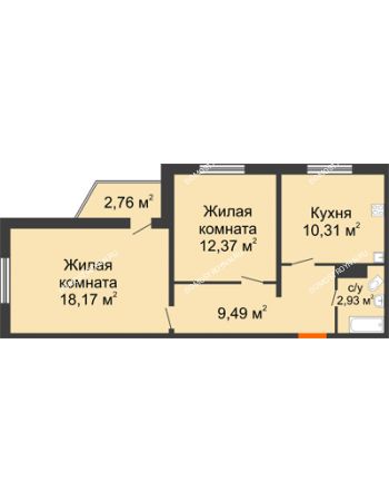 2 комнатная квартира 54,1 м² в ЖК Торпедо, дом № 19