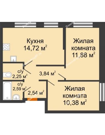 2 комнатная квартира 48,3 м² в ЖК Меридиан Юг, дом ГП-1