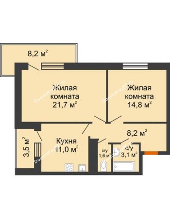 2 комнатная квартира 60,4 м² в ЖК GRAFF HOUSE (ЖК ГРАФ ХАУС), дом Секция 1А