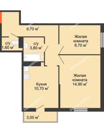 2 комнатная квартира 52,4 м² в ЖК Квартет, дом Литер 2