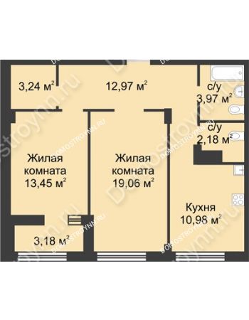 2 комнатная квартира 67,44 м² в ЖК Караваиха, дом № 5
