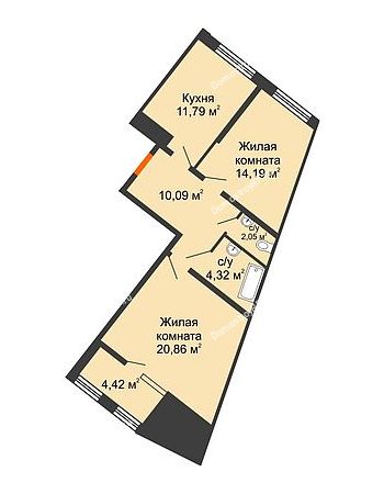 2 комнатная квартира 65,53 м² в ЖК Сердце, дом № 1