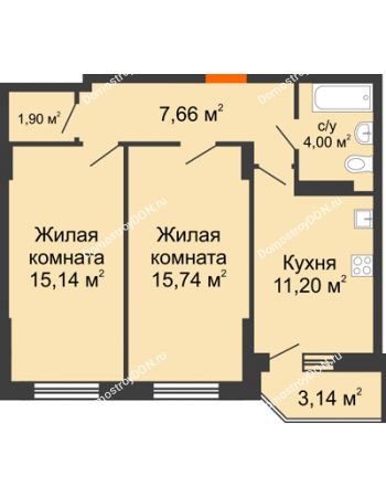 2 комнатная квартира 56,58 м² в ЖК Свобода, дом № 1
