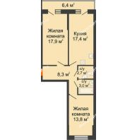 2 комнатная квартира 66,3 м² в ЖК Парк Победы, дом Литер 2 - планировка