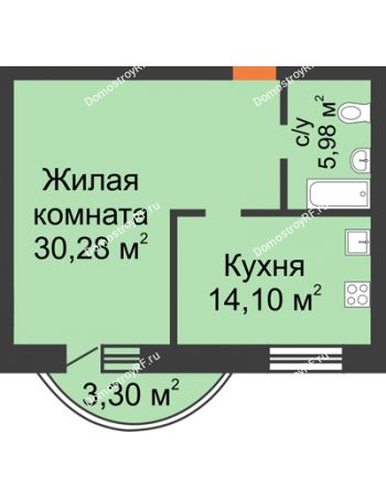 1 комнатная квартира 53,66 м² - ЖК На Владимирской