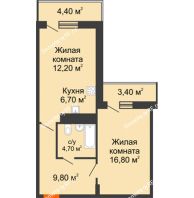 2 комнатная квартира 53,2 м² в ЖК Статус, дом 5,6 секция - планировка