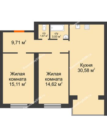 2 комнатная квартира 74,72 м² - ЖК Зеленый квартал 2