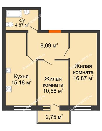 2 комнатная квартира 56,96 м² в ЖК Артемовский квартал, дом Секция 9
